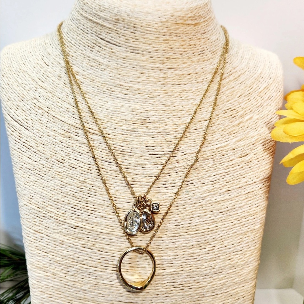 🆕 Banana Republic Layered Gold Necklace with Charms, Signet Ring Layered Chains